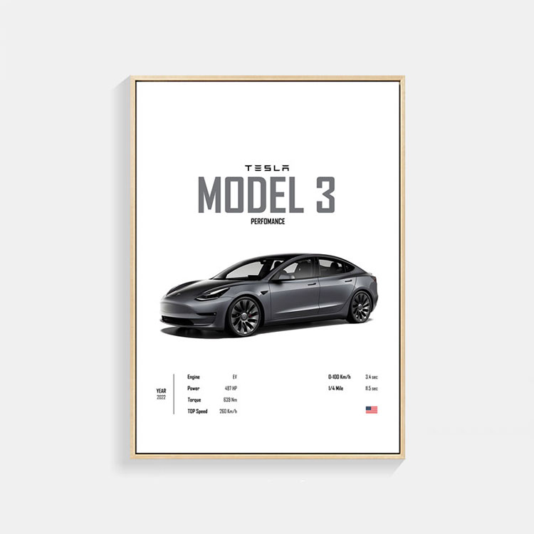 車 テスラ 黒 Model 3 ポスター A3